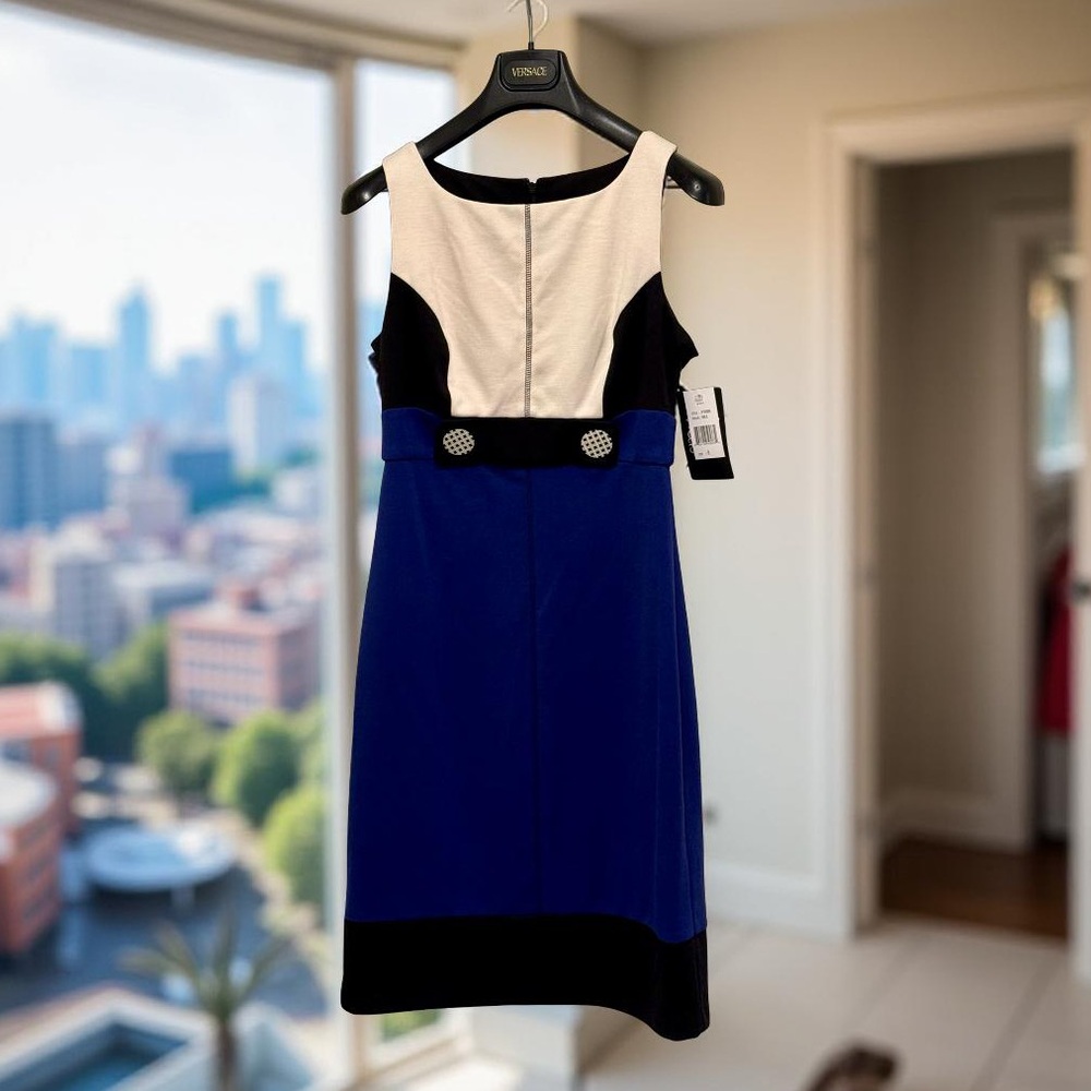 JAX  NWT Size 8 Royal Blue Black Sheath Sleeveless Crew Neck Mini Dress (0624)